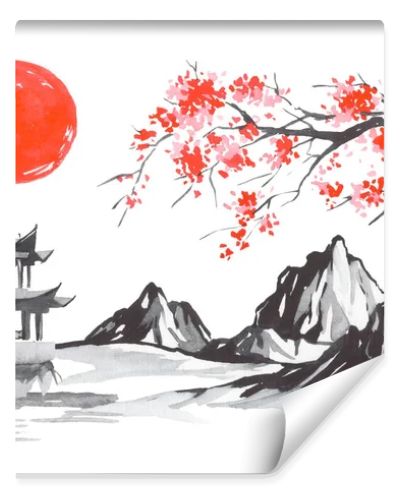 Japan traditional sumi-e painting. Fuji mountain, sakura, sunset. Japan sun. Indian ink illustration. Japanese picture.