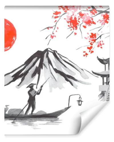 Japan traditional sumi-e painting. Fuji mountain, sakura, sunset. Japan sun. Indian ink illustration. Japanese picture.