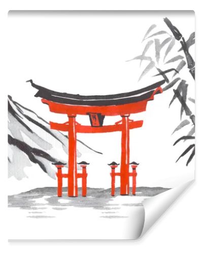 Japan traditional sumi-e painting. Fuji mountain, sakura, sunset. Japan sun. Indian ink illustration. Japanese picture.