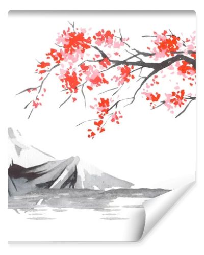Japan traditional sumi-e painting. Fuji mountain, sakura, sunset. Japan sun. Indian ink illustration. Japanese picture.