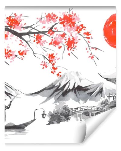 Japan traditional sumi-e painting. Fuji mountain, sakura, sunset. Japan sun. Indian ink illustration. Japanese picture.