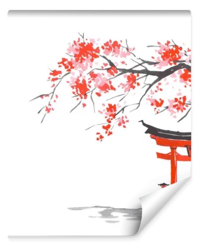 Japan traditional sumi-e painting. Fuji mountain, sakura, sunset. Japan sun. Indian ink illustration. Japanese picture.