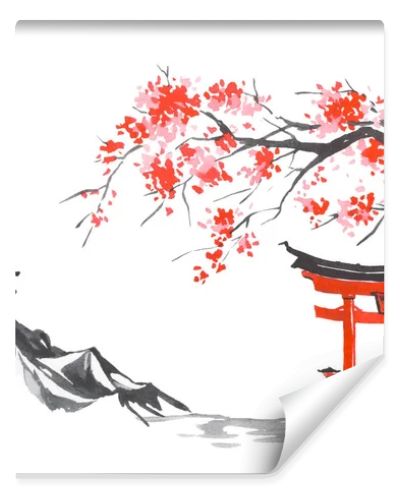 Japan traditional sumi-e painting. Fuji mountain, sakura, sunset. Japan sun. Indian ink illustration. Japanese picture.