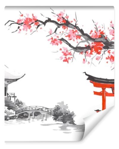 Japan traditional sumi-e painting. Fuji mountain, sakura, sunset. Japan sun. Indian ink illustration. Japanese picture.