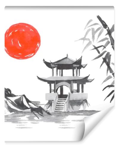 Japan traditional sumi-e painting. Fuji mountain, sakura, sunset. Japan sun. Indian ink illustration. Japanese picture.