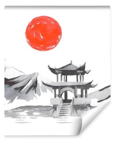 Japan traditional sumi-e painting. Fuji mountain, sakura, sunset. Japan sun. Indian ink illustration. Japanese picture.