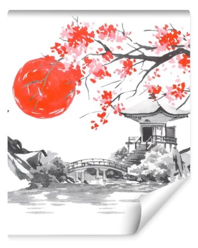 Japan traditional sumi-e painting. Fuji mountain, sakura, sunset. Japan sun. Indian ink illustration. Japanese picture.