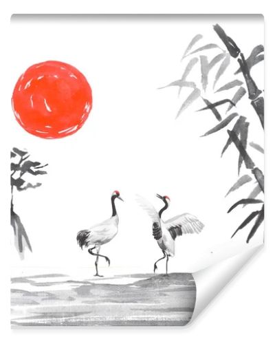 Japan traditional sumi-e painting. Fuji mountain, sakura, sunset. Japan sun. Indian ink illustration. Japanese picture.