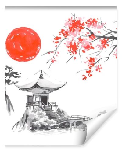 Japan traditional sumi-e painting. Fuji mountain, sakura, sunset. Japan sun. Indian ink illustration. Japanese picture.