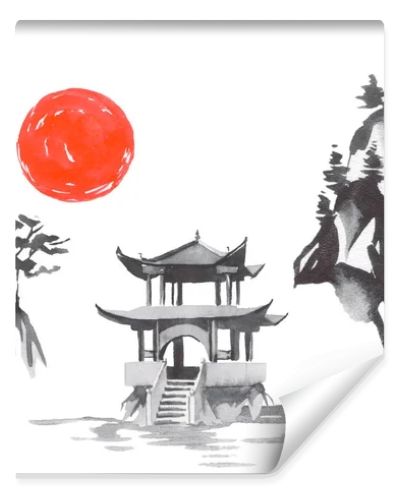 Japan traditional sumi-e painting. Fuji mountain, sakura, sunset. Japan sun. Indian ink illustration. Japanese picture.