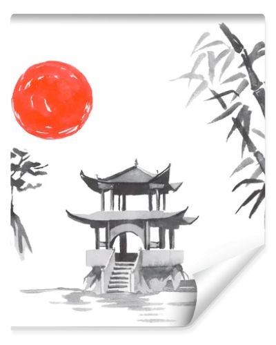 Japan traditional sumi-e painting. Fuji mountain, sakura, sunset. Japan sun. Indian ink illustration. Japanese picture.
