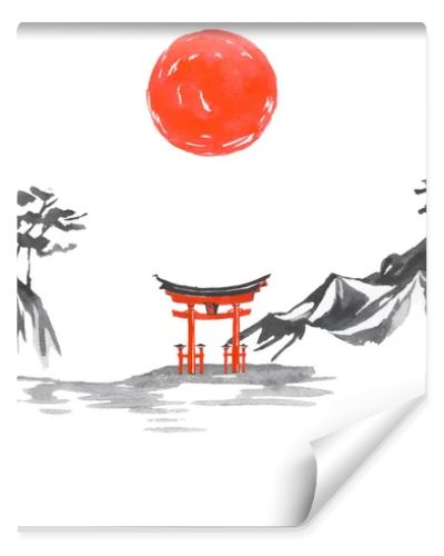 Japan traditional sumi-e painting. Fuji mountain, sakura, sunset. Japan sun. Indian ink illustration. Japanese picture.