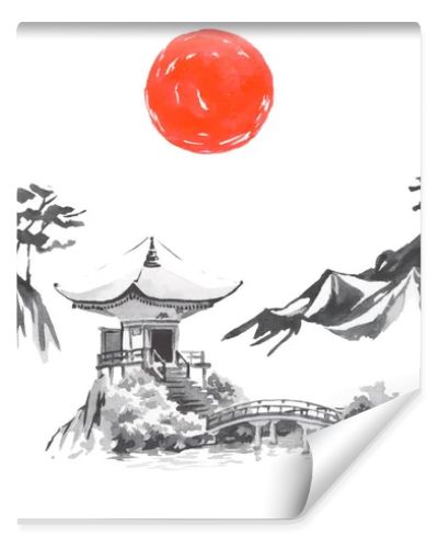 Japan traditional sumi-e painting. Fuji mountain, sakura, sunset. Japan sun. Indian ink illustration. Japanese picture.