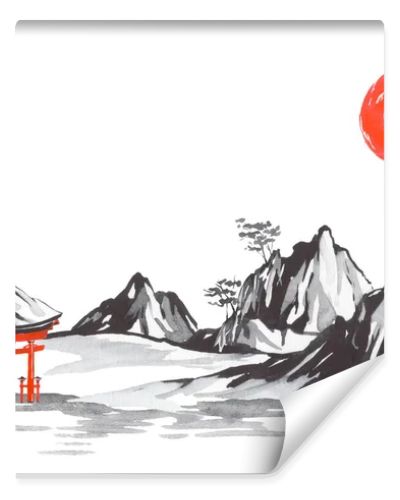 Japan traditional sumi-e painting. Fuji mountain, sakura, sunset. Japan sun. Indian ink illustration. Japanese picture.