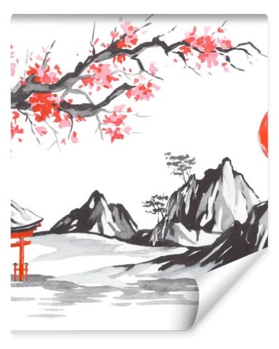 Japan traditional sumi-e painting. Fuji mountain, sakura, sunset. Japan sun. Indian ink illustration. Japanese picture.