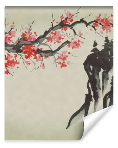 Japan traditional sumi-e painting. Watercolor and ink illustration in style sumi-e, u-sin. Fuji mountain, sakura, sunset. Japan sun. Indian ink illustration. Japanese picture.