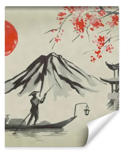Japan traditional sumi-e painting. Watercolor and ink illustration in style sumi-e, u-sin. Fuji mountain, sakura, sunset. Japan sun. Indian ink illustration. Japanese picture.