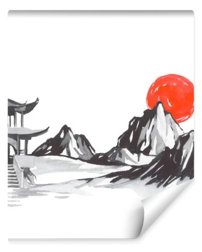 Japan traditional sumi-e painting. Fuji mountain, sakura, sunset. Japan sun. Indian ink illustration. Japanese picture.