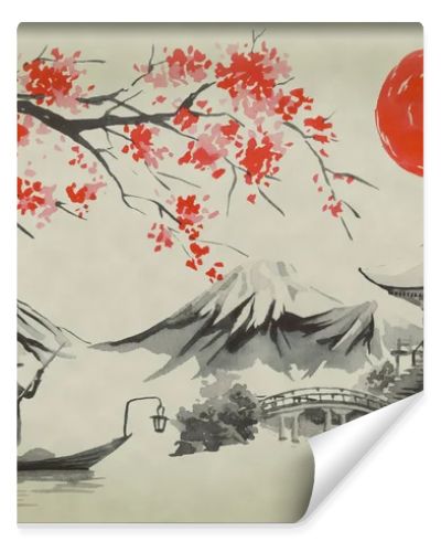 Japan traditional sumi-e painting. Watercolor and ink illustration in style sumi-e, u-sin. Fuji mountain, sakura, sunset. Japan sun. Indian ink illustration. Japanese picture.