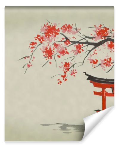 Japan traditional sumi-e painting. Watercolor and ink illustration in style sumi-e, u-sin. Fuji mountain, sakura, sunset. Japan sun. Indian ink illustration. Japanese picture.