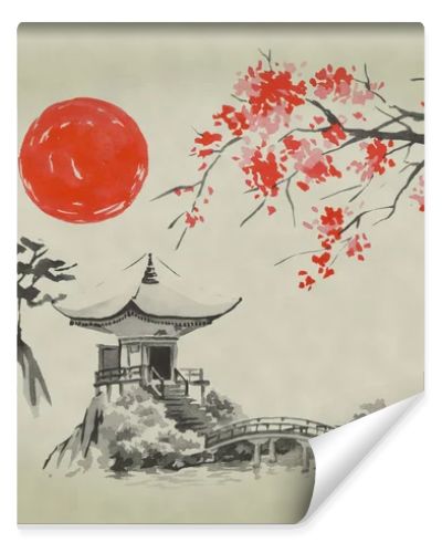 Japan traditional sumi-e painting. Watercolor and ink illustration in style sumi-e, u-sin. Fuji mountain, sakura, sunset. Japan sun. Indian ink illustration. Japanese picture.