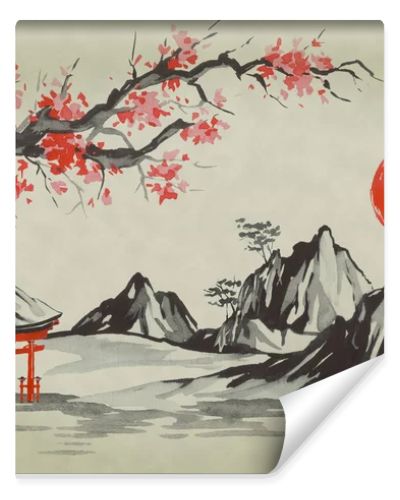 Japan traditional sumi-e painting. Watercolor and ink illustration in style sumi-e, u-sin. Fuji mountain, sakura, sunset. Japan sun. Indian ink illustration. Japanese picture.