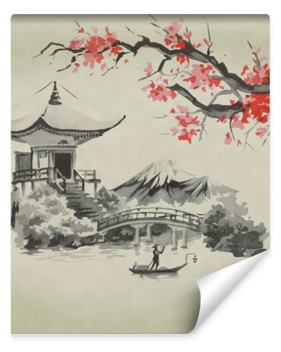 Japan traditional sumi-e painting. Watercolor and ink illustration in style sumi-e, u-sin. Fuji mountain, sakura, sunset. Japan sun. Indian ink illustration. Japanese picture.