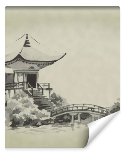 Japan traditional sumi-e painting. Watercolor and ink illustration in style sumi-e, u-sin. Fuji mountain, sakura, sunset. Japan sun. Indian ink illustration. Japanese picture.