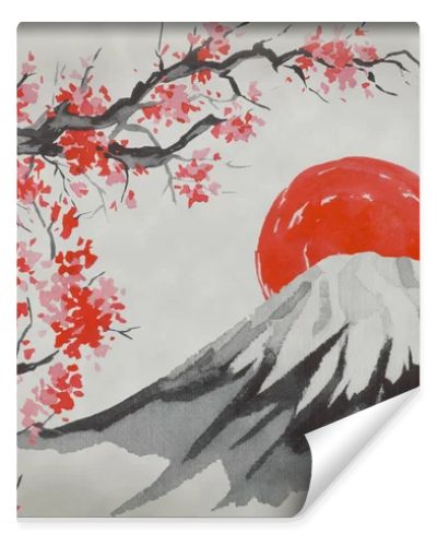 Japan traditional sumi-e painting. Watercolor and ink illustration in style sumi-e, u-sin. Fuji mountain, sakura, sunset. Japan sun. Indian ink illustration. Japanese picture