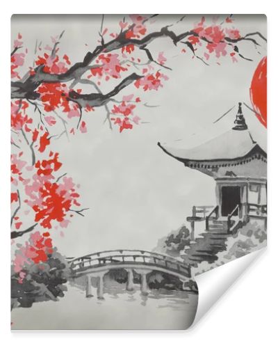 Japan traditional sumi-e painting. Watercolor and ink illustration in style sumi-e, u-sin. Fuji mountain, sakura, sunset. Japan sun. Indian ink illustration. Japanese picture.