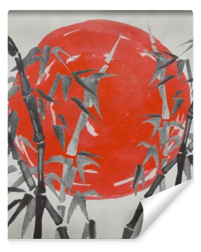 Japan traditional sumi-e painting. Watercolor and ink illustration in style sumi-e, u-sin. Fuji mountain, sakura, sunset. Japan sun. Indian ink illustration. Japanese picture.