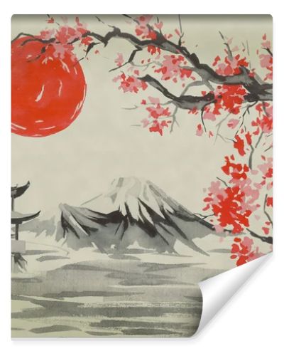 Japan traditional sumi-e painting. Watercolor and ink illustration in style sumi-e, u-sin. Fuji mountain, sakura, sunset. Japan sun. Indian ink illustration. Japanese picture.