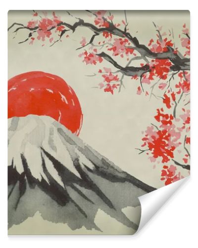 Japan traditional sumi-e painting. Watercolor and ink illustration in style sumi-e, u-sin. Fuji mountain, sakura, sunset. Japan sun. Indian ink illustration. Japanese picture.