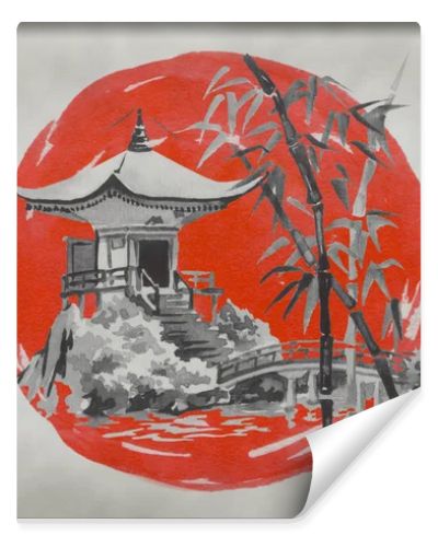Japan traditional sumi-e painting. Fuji mountain, sakura, sunset. Japan sun. Indian ink illustration. Japanese picture.