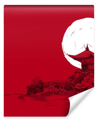 Japan traditional sumi-e painting. Watercolor and ink illustration in style sumi-e, u-sin. Fuji mountain, sakura, sunset. Japan sun. Indian ink illustration. Japanese picture, red background.