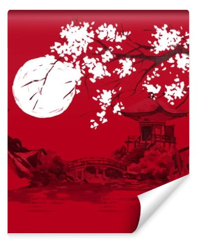 Japan traditional sumi-e painting. Watercolor and ink illustration in style sumi-e, u-sin. Fuji mountain, sakura, sunset. Japan sun. Indian ink illustration. Japanese picture, red background.