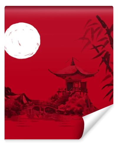Japan traditional sumi-e painting. Watercolor and ink illustration in style sumi-e, u-sin. Fuji mountain, sakura, sunset. Japan sun. Indian ink illustration. Japanese picture, red background.