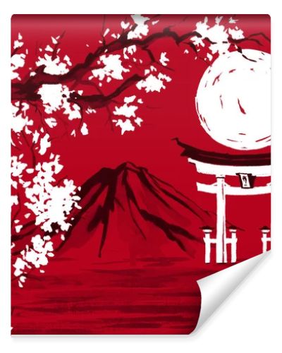 Japan traditional sumi-e painting. Watercolor and ink illustration in style sumi-e, u-sin. Fuji mountain, sakura, sunset. Japan sun. Indian ink illustration. Japanese picture, red background.