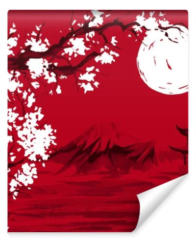 Japan traditional sumi-e painting. Watercolor and ink illustration in style sumi-e, u-sin. Fuji mountain, sakura, sunset. Japan sun. Indian ink illustration. Japanese picture, red background.