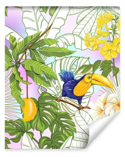 Vector seamless pattern, background with toucan and tropical plants 