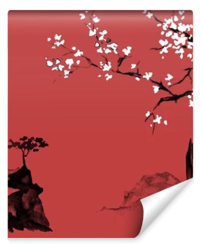 Japan traditional sumi-e painting. Indian ink illustration. Japanese picture. Sakura and mountains