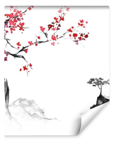 Japan traditional sumi-e painting. Indian ink illustration. Japanese picture. Sakura and mountains