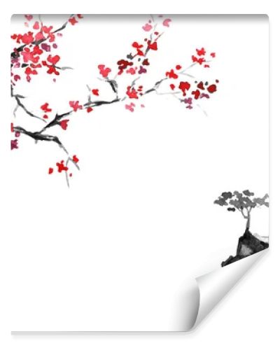 Japan traditional sumi-e painting. Indian ink illustration. Japanese picture. Sakura and mountains