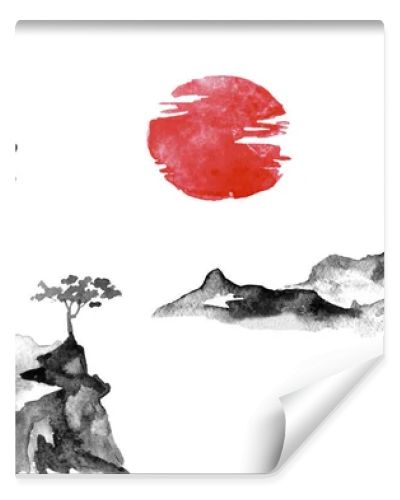 Japan traditional sumi-e painting. Indian ink illustration. Japanese picture. Sun and mountains