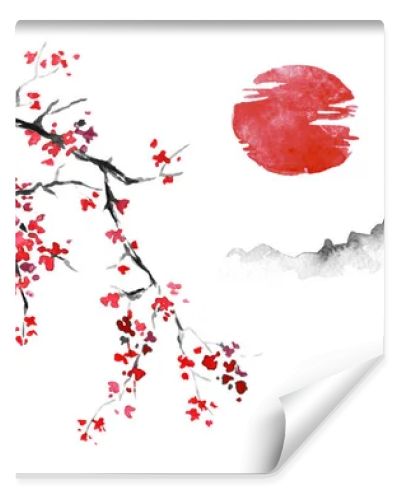 Japan traditional sumi-e painting. Indian ink illustration. Japanese picture. Sakura, sun and mountain