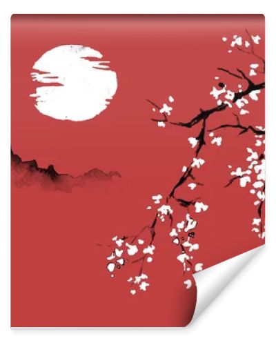 Japan traditional sumi-e painting. Indian ink illustration. Japanese picture. Sakura, sun and mountain