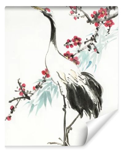 crane and flowering plum branch on a light background