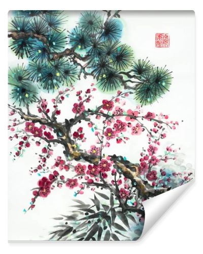 pine branch blossoming plum and bamboo on a light background