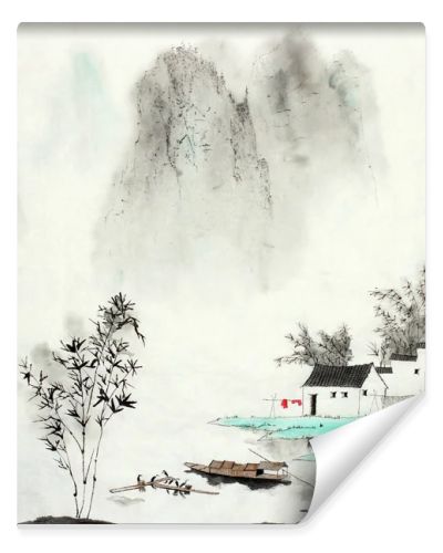 mountain landscape with a fishing house by a lake and a boat