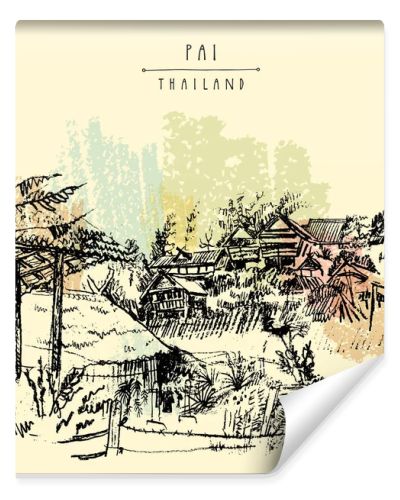 Bamboo huts in Pai valley, Northern Thailand. Atmospheric landscape. Hand drawn vintage artistic postcard template. Vector illustartion